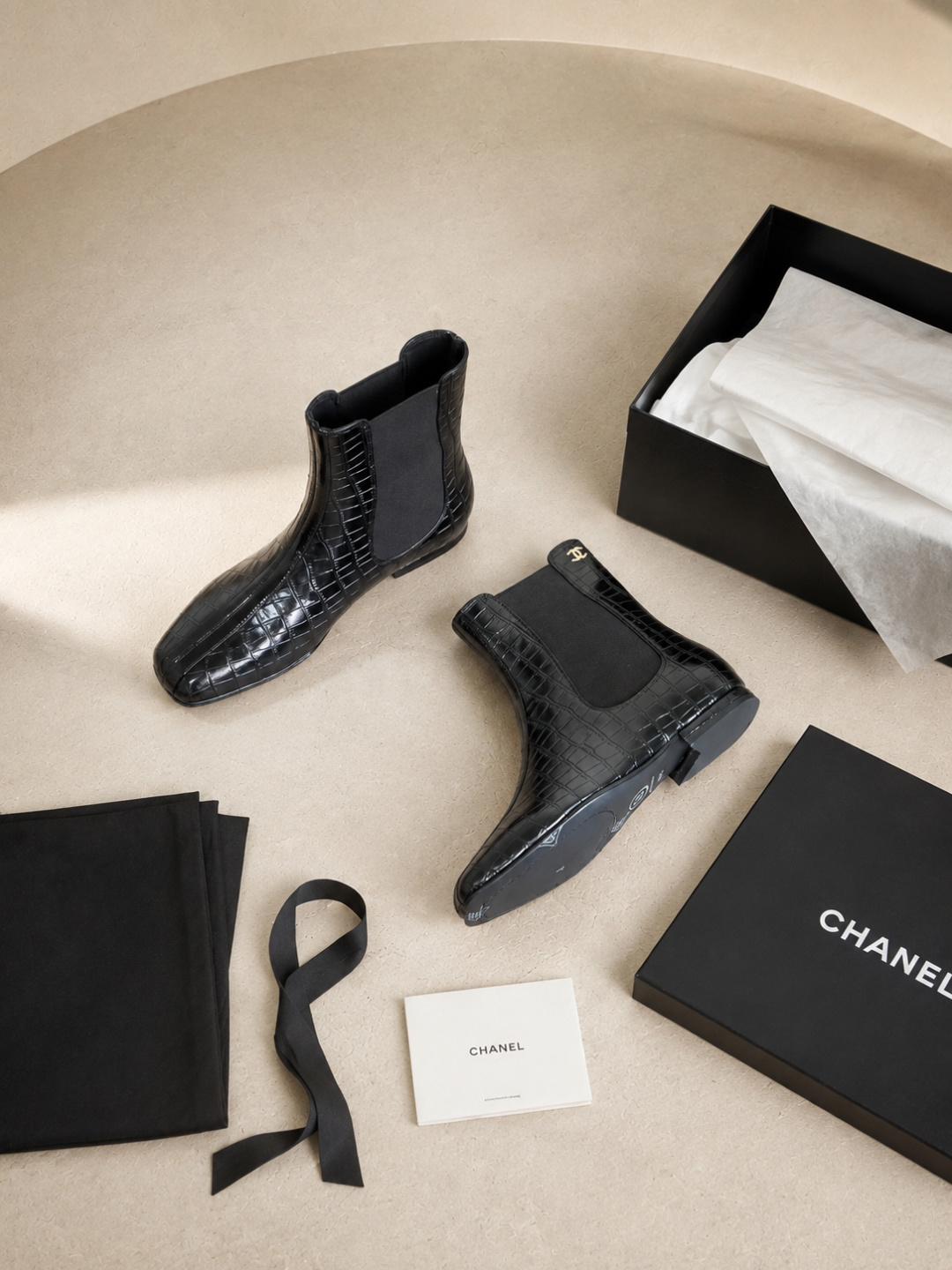 Chanel Black Croc‑Embossed Chelsea Ankle Boots