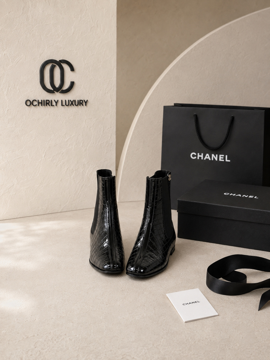 Chanel Black Croc‑Embossed Chelsea Ankle Boots