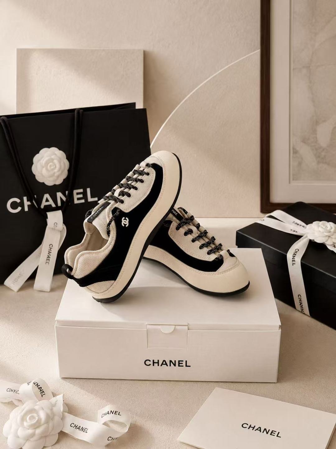 Chanel Two‑Tone Suede Sneakers