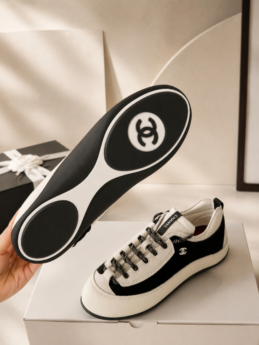 Chanel Two‑Tone Suede Sneakers