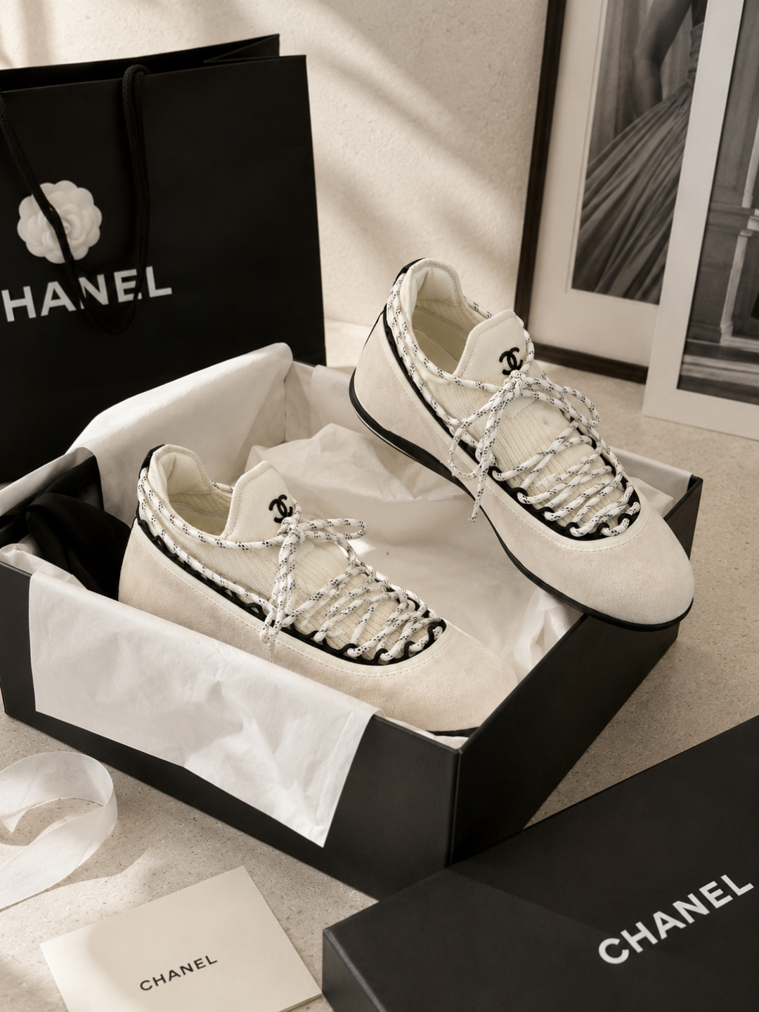 Chanel Knit Suede Lace‑Up Sneakers