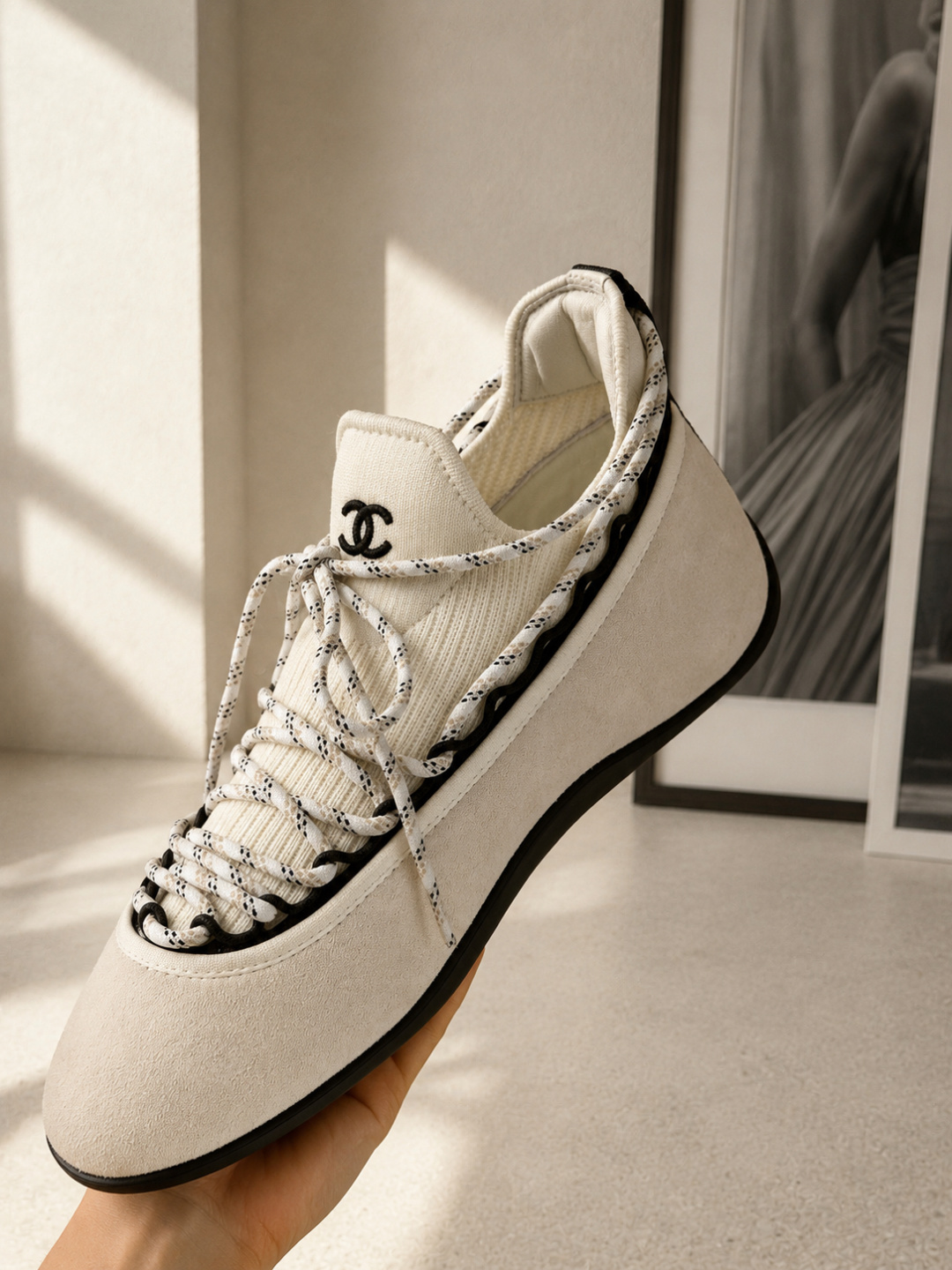 Chanel Knit Suede Lace‑Up Sneakers