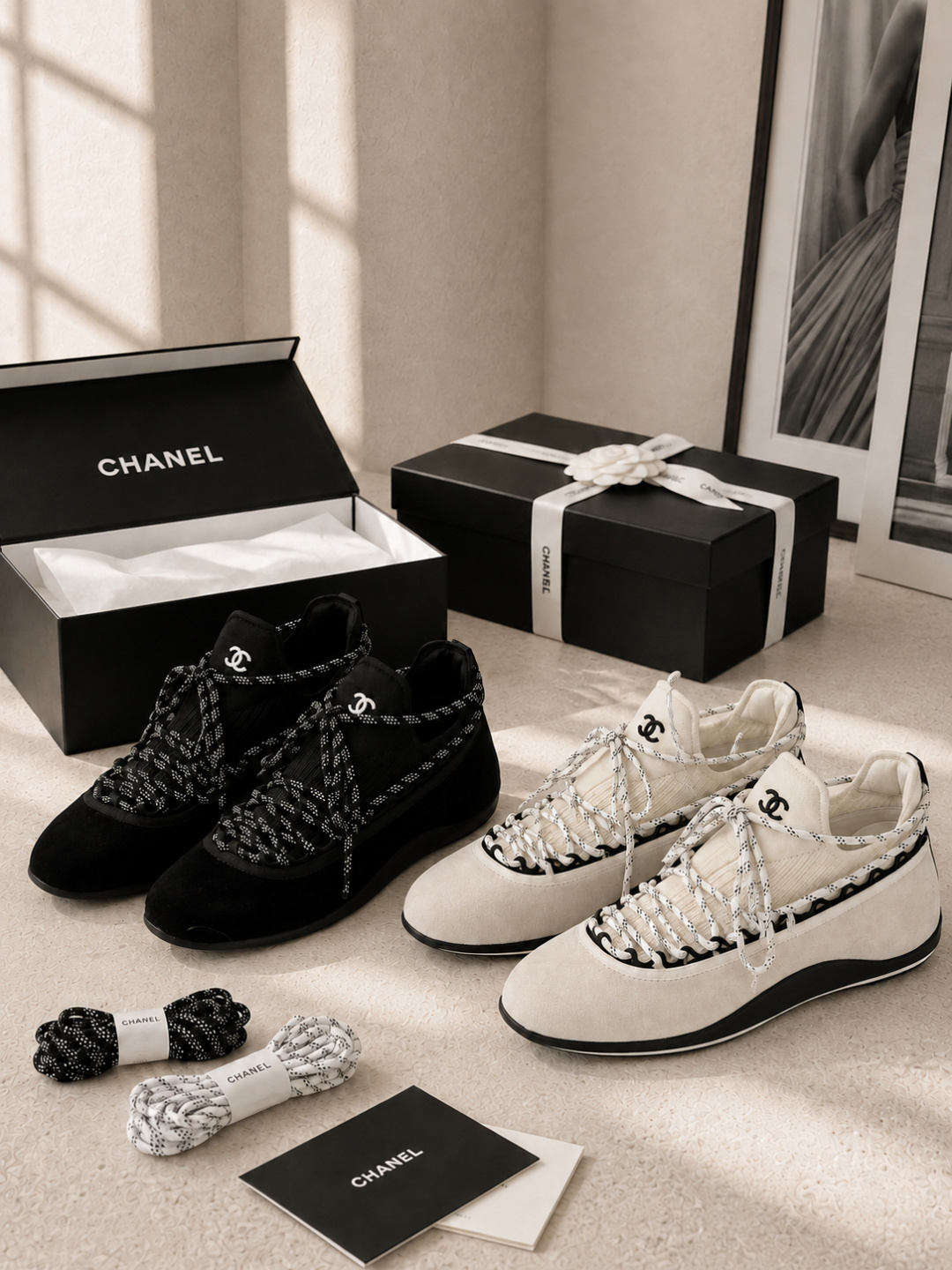 Chanel Knit Suede Lace‑Up Sneakers