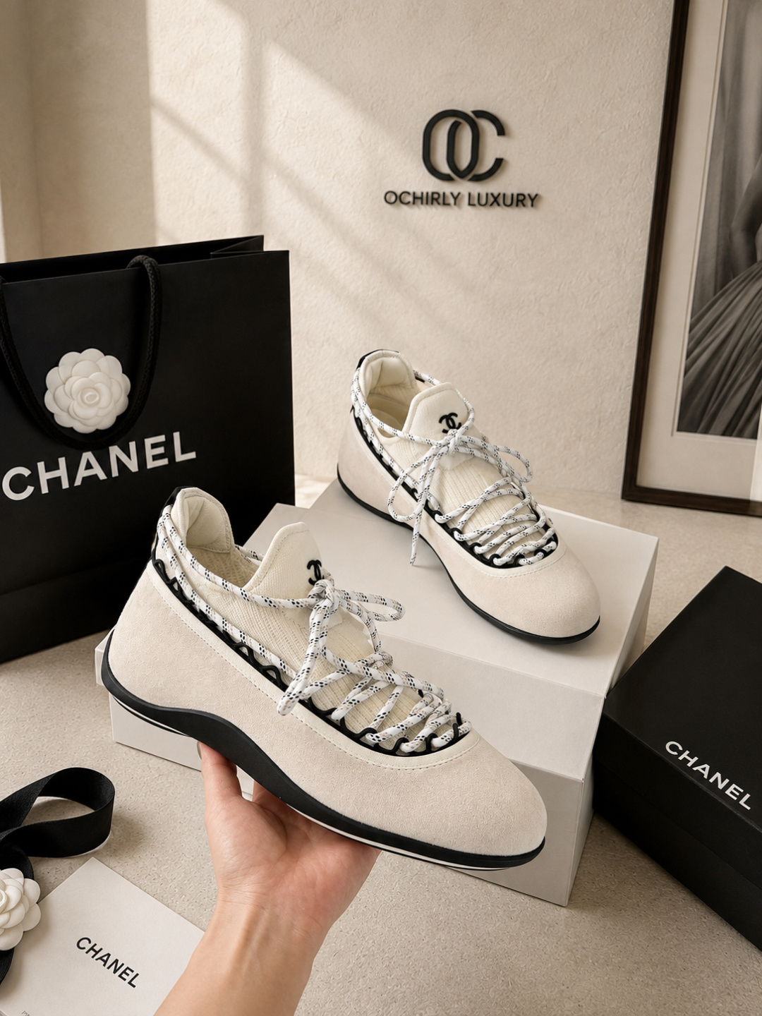 Chanel Knit Suede Lace‑Up Sneakers