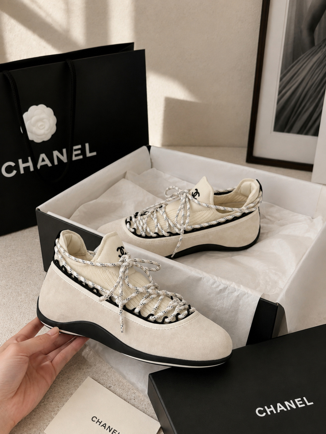 Chanel Knit Suede Lace‑Up Sneakers