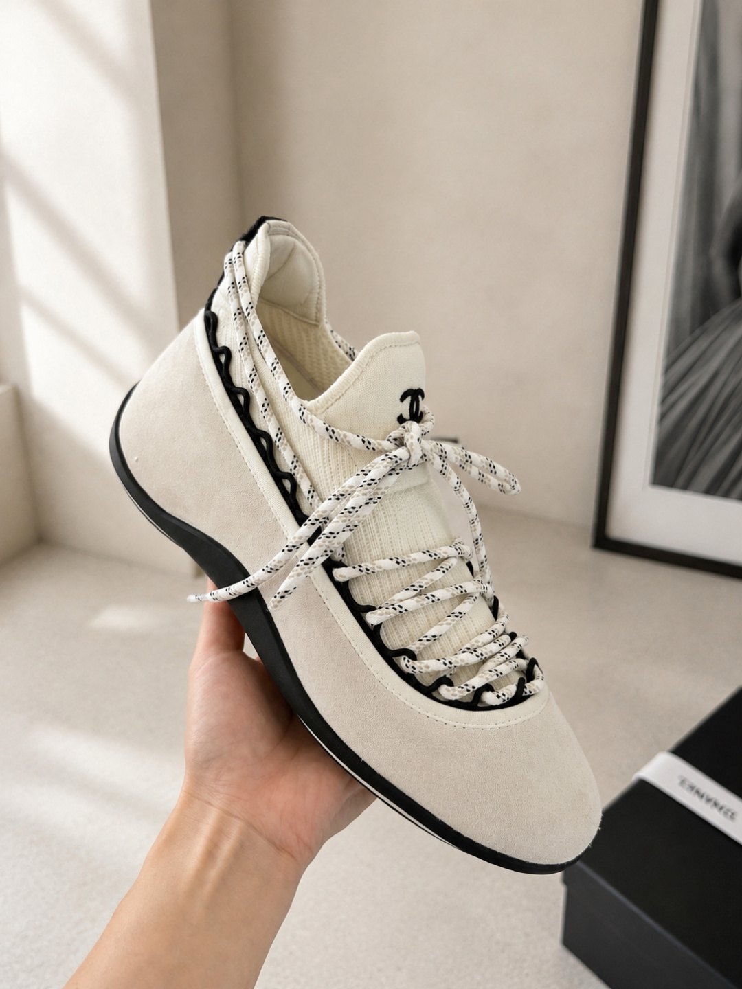 Chanel Knit Suede Lace‑Up Sneakers