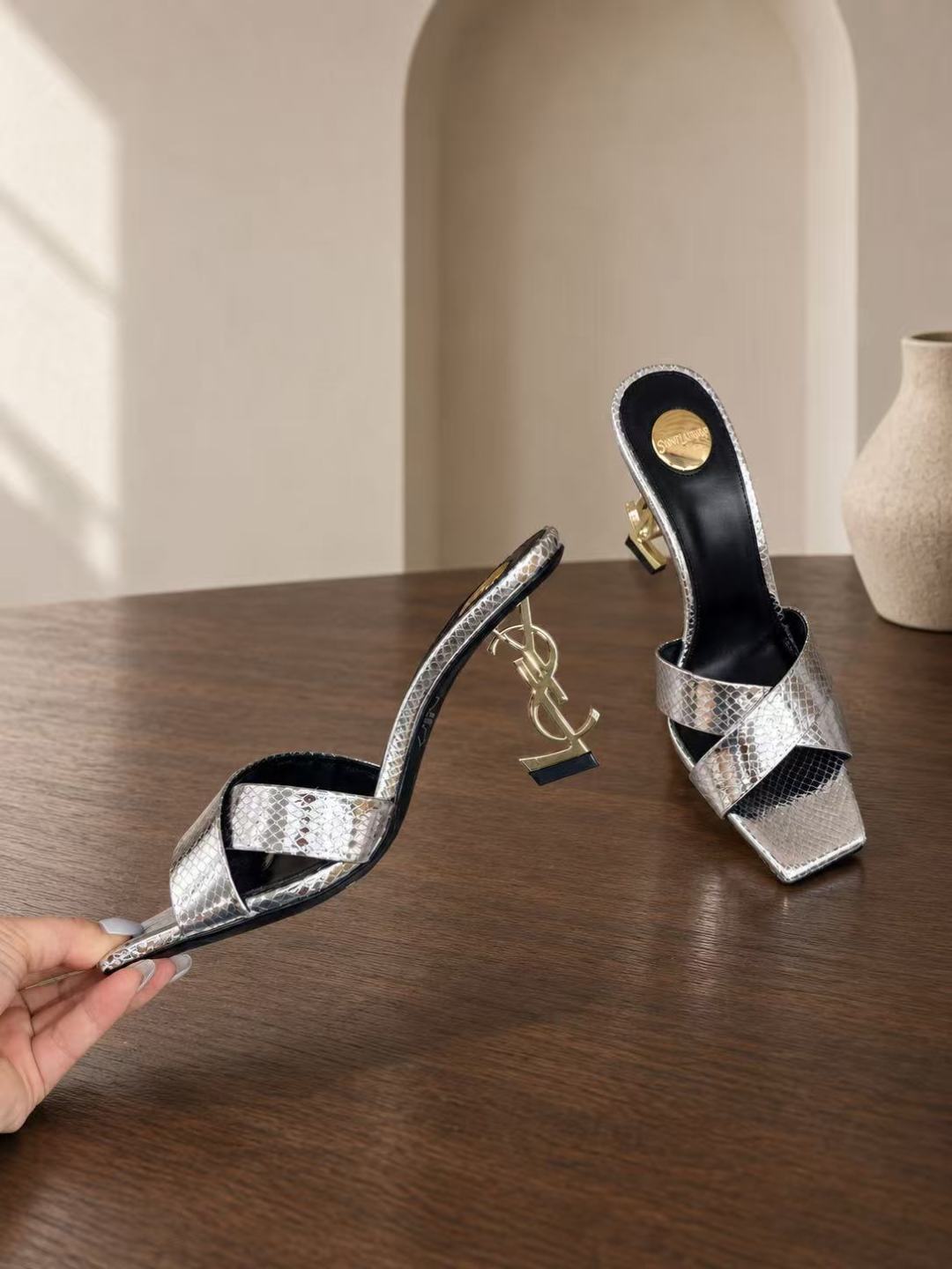 Saint Laurent Opyum Metallic Slide Sandals