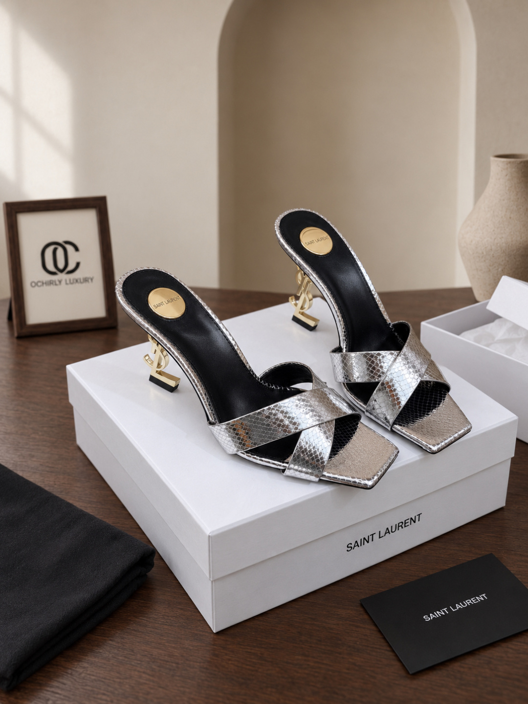 Saint Laurent Opyum Metallic Slide Sandals