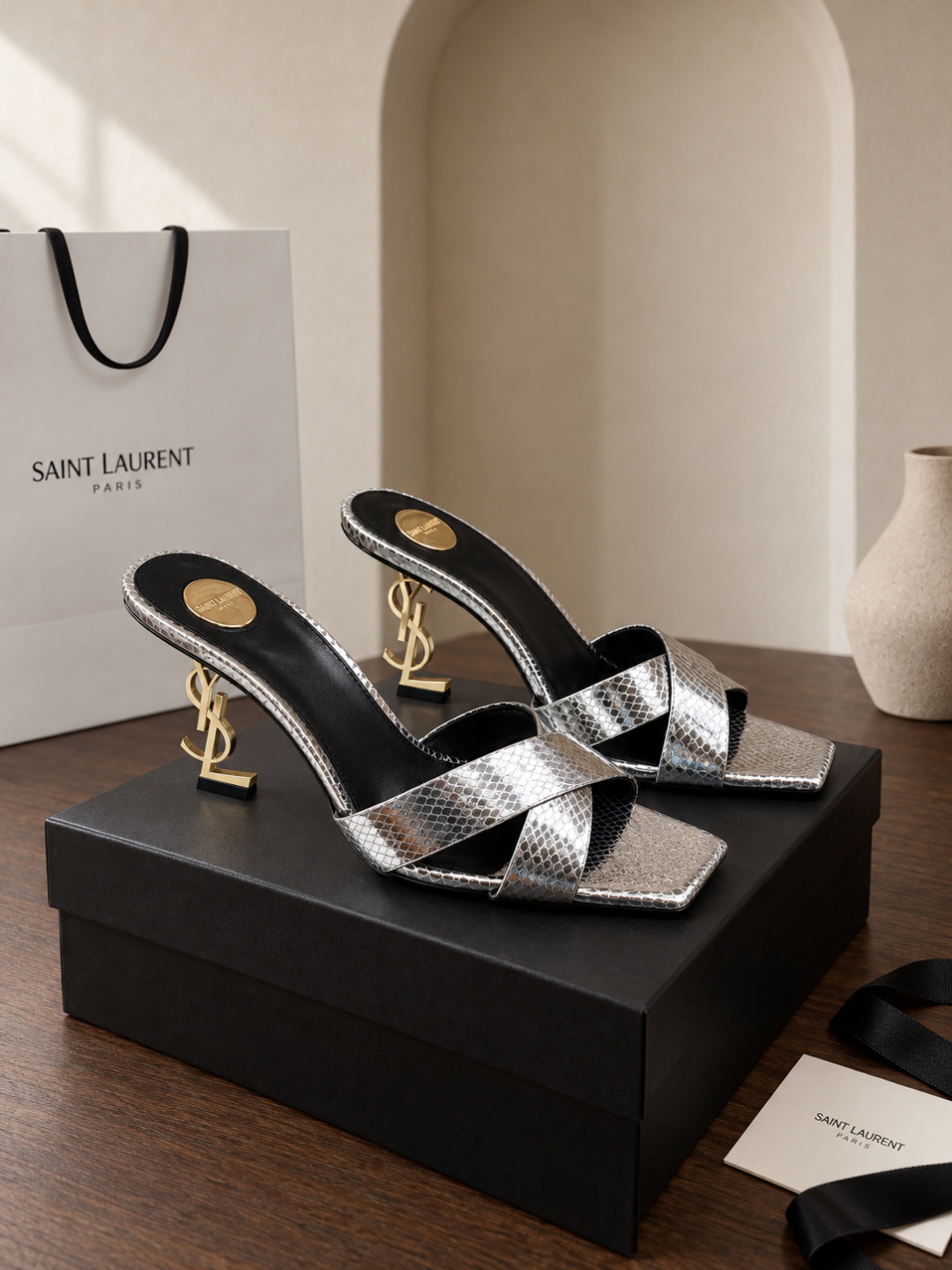 Saint Laurent Opyum Metallic Slide Sandals