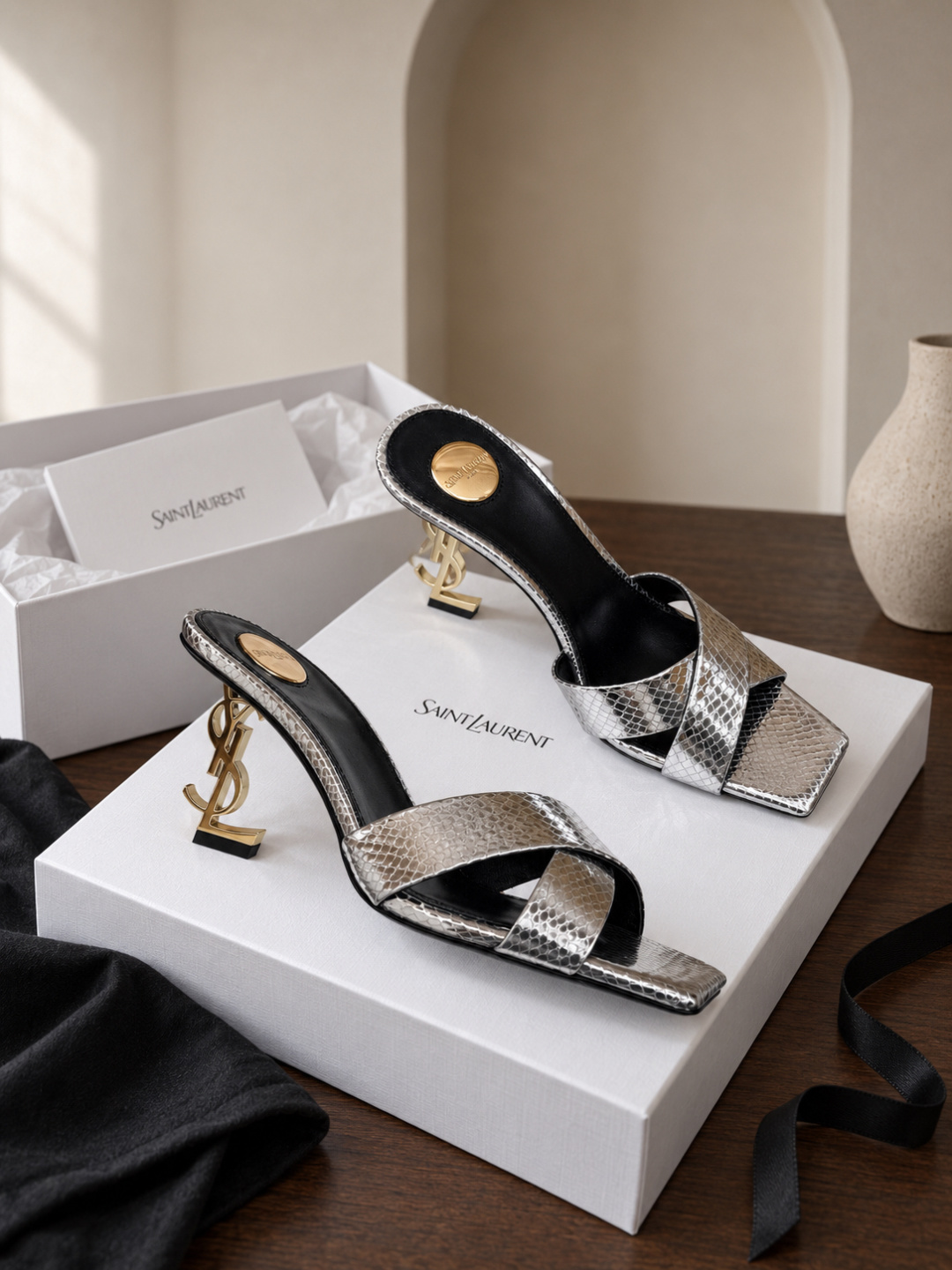 Saint Laurent Opyum Metallic Slide Sandals