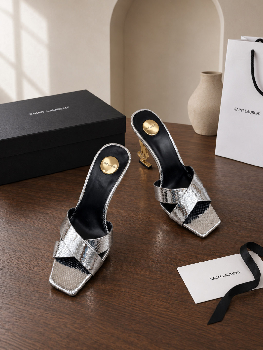 Saint Laurent Opyum Metallic Slide Sandals