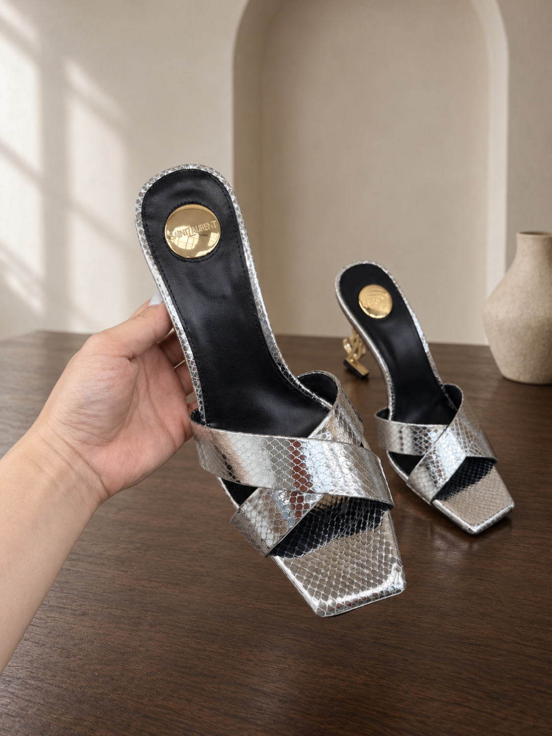 Saint Laurent Opyum Metallic Slide Sandals