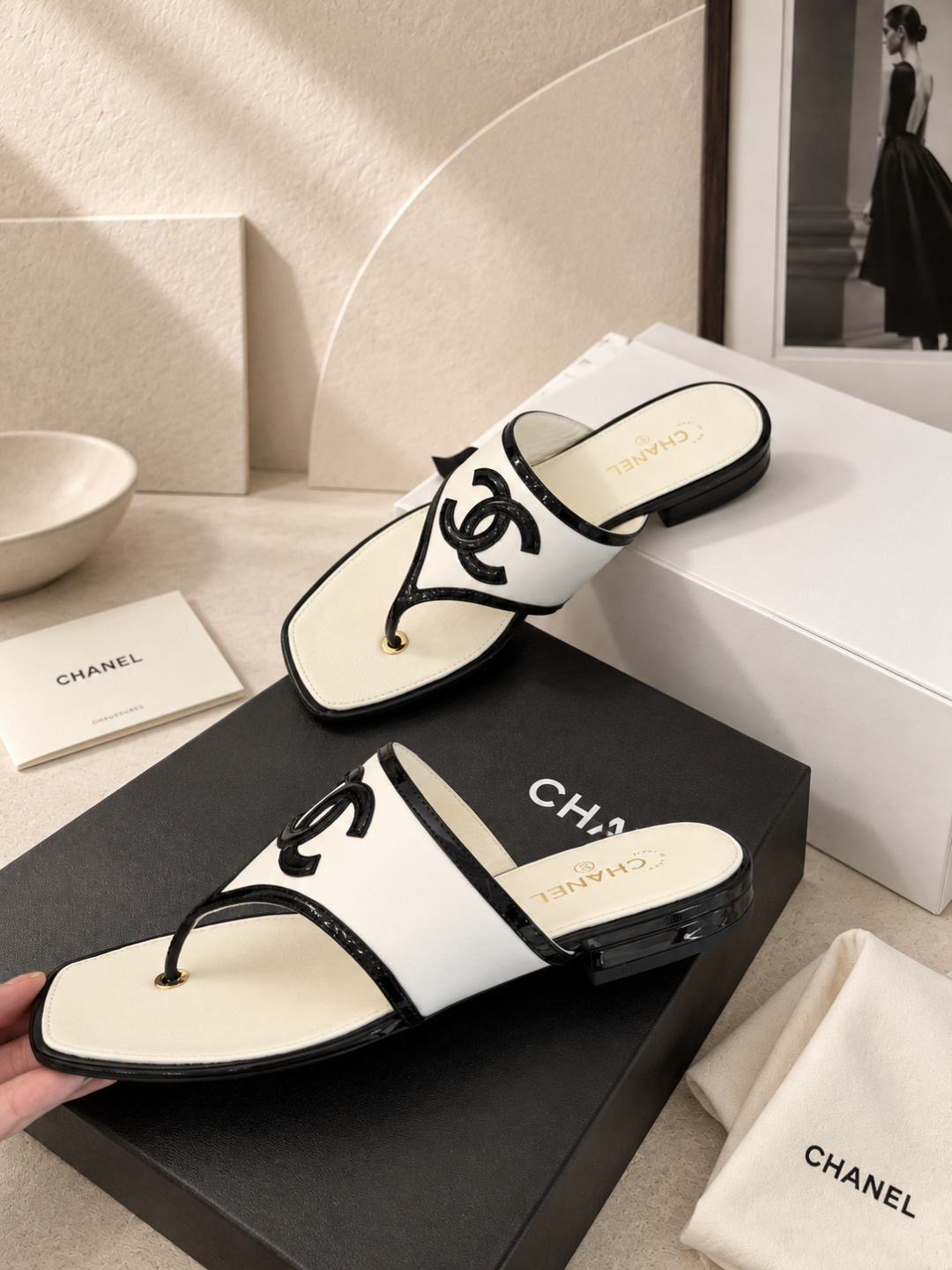 Chanel Two-Tone CC Logo Thong Sandals