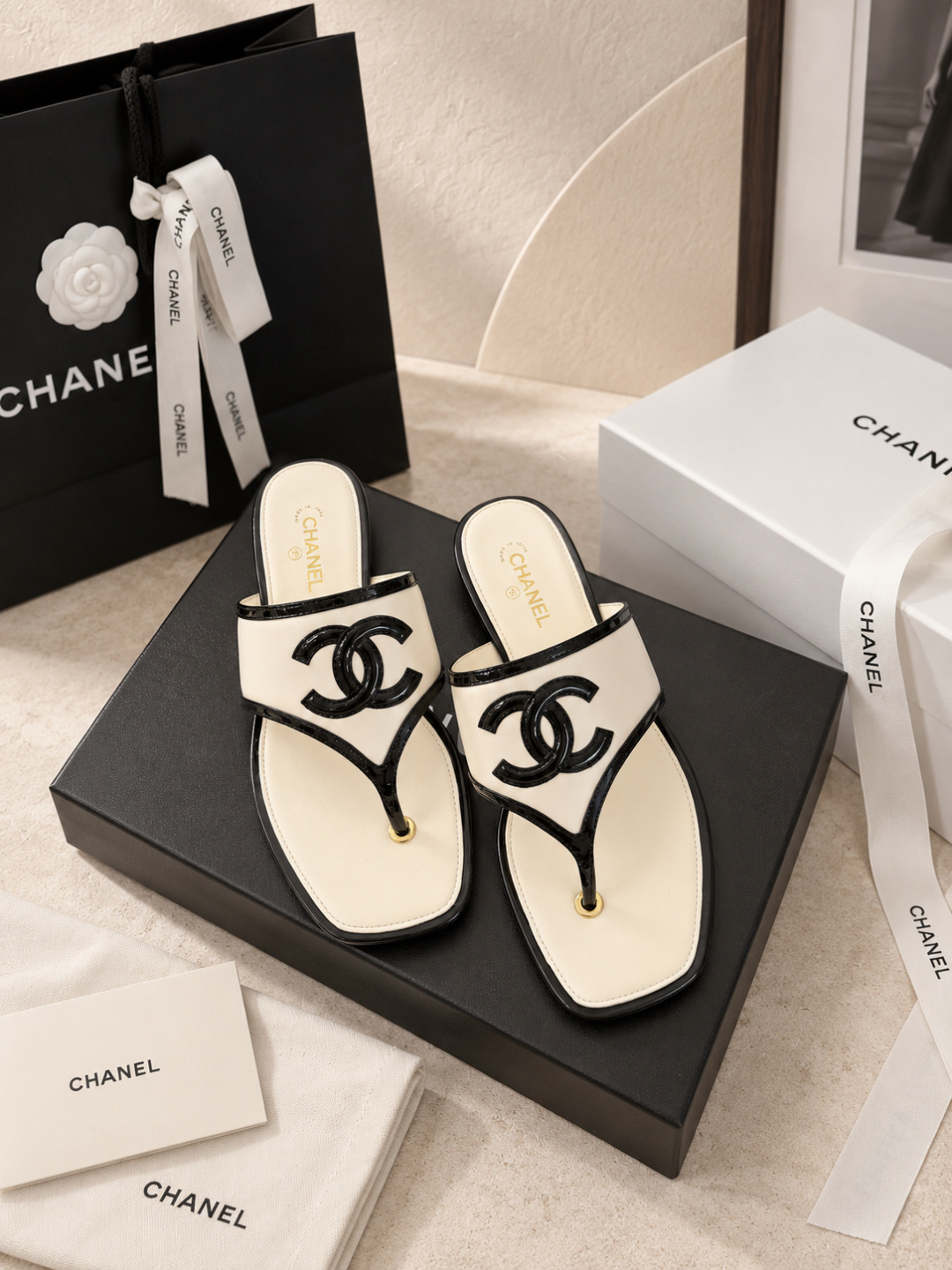 Chanel Two-Tone CC Logo Thong Sandals