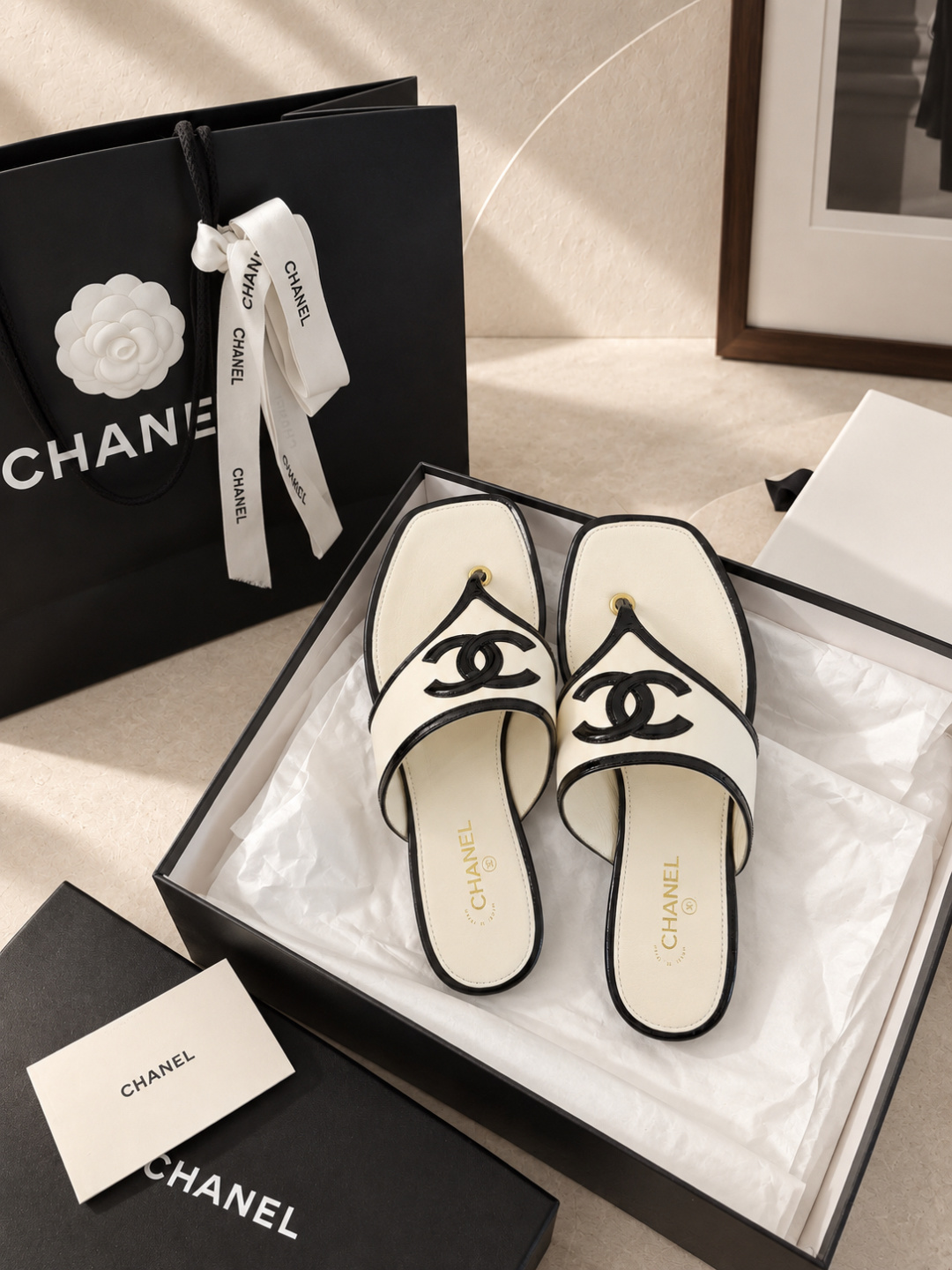 Chanel Two-Tone CC Logo Thong Sandals