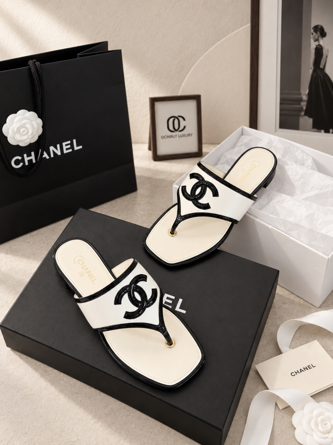 Chanel Two-Tone CC Logo Thong Sandals