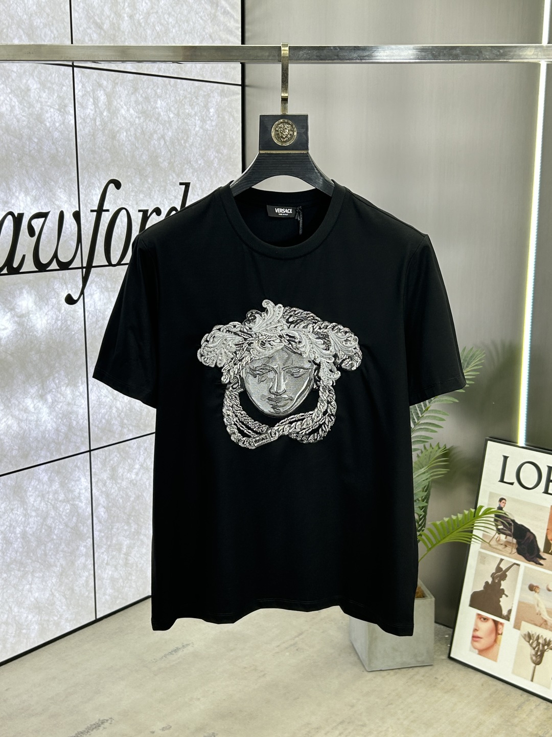 Versace Medusa Crystal Embellished Black Cotton T-Shirt, Short Sleeve