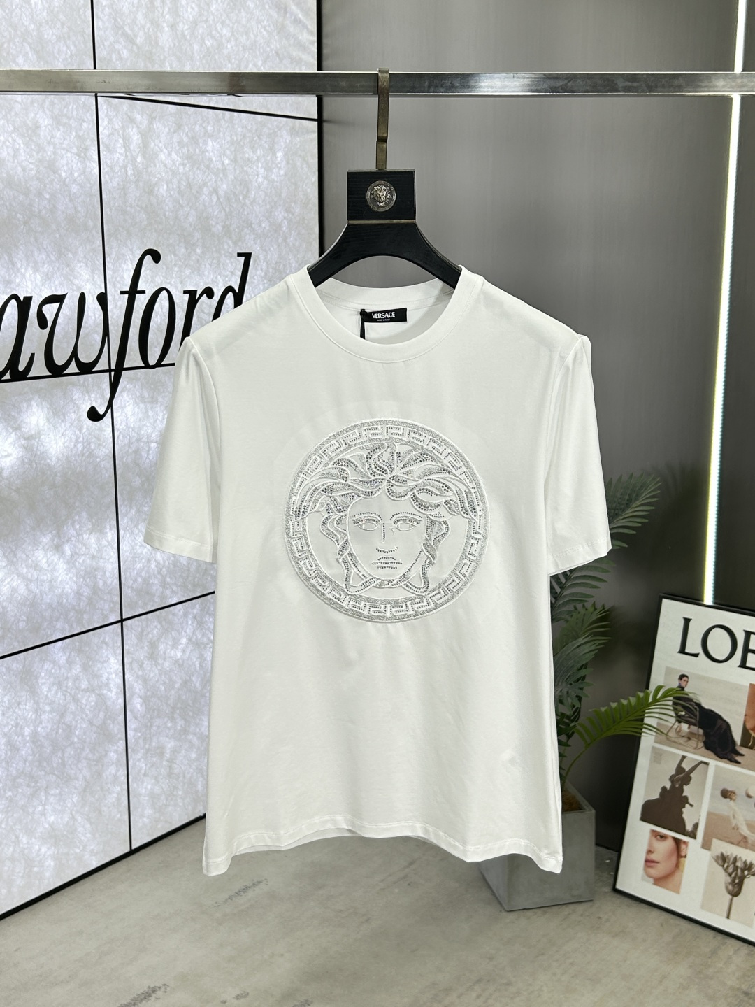 Versace Medusa Embroidered Crystal Embellished Short Sleeve T-Shirt