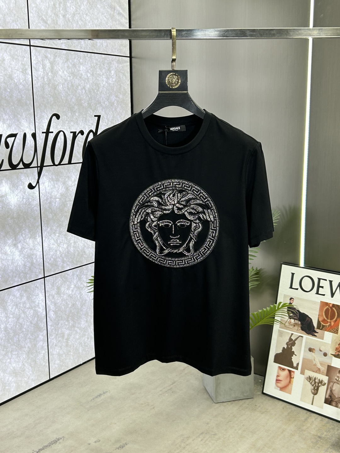 Versace Men's Black Cotton T-Shirt with Embroidered Crystal Medusa, S-4XL