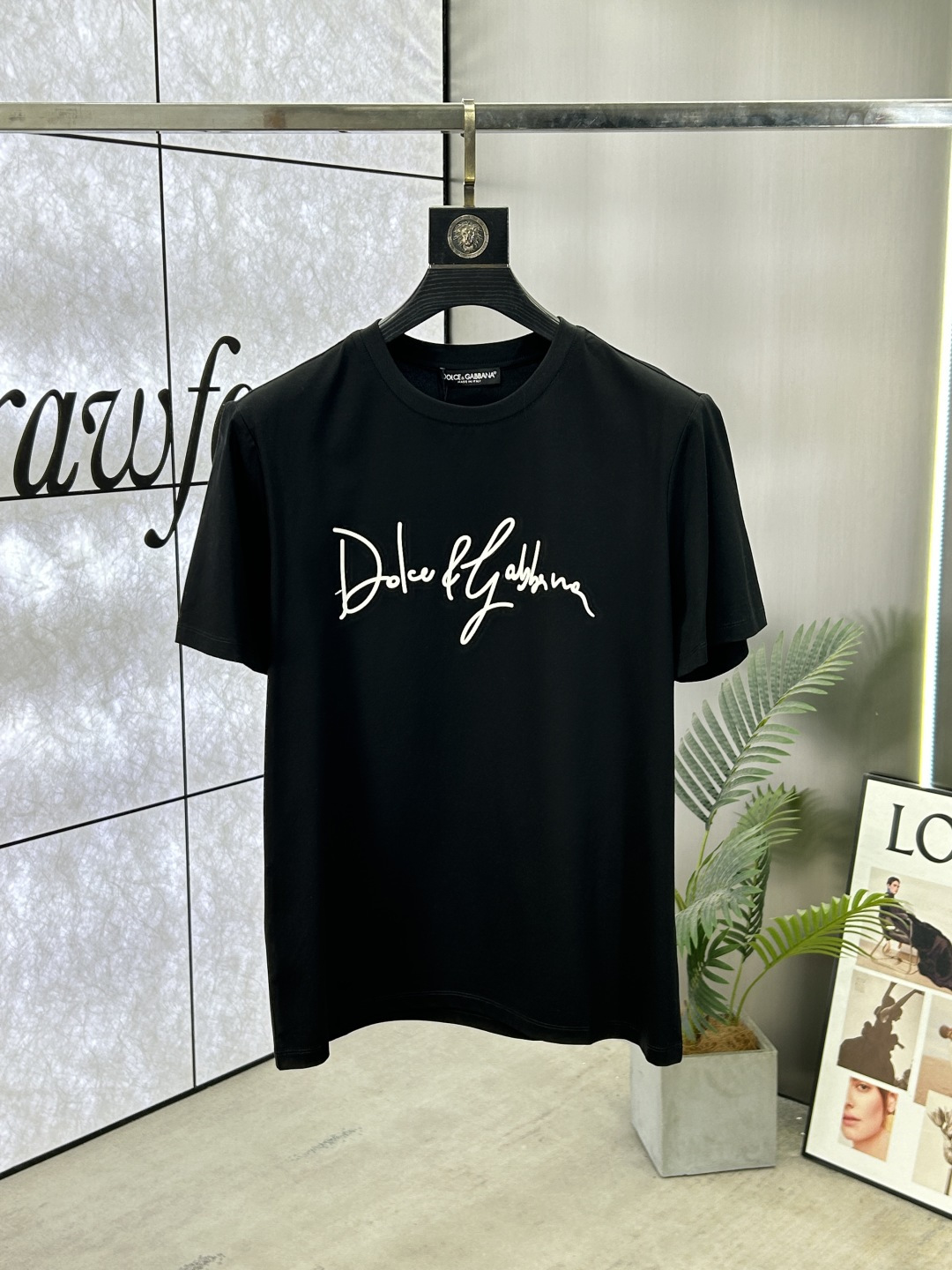 Dolce & Gabbana Men's Black Crew Neck T-Shirt with White Logo Print
