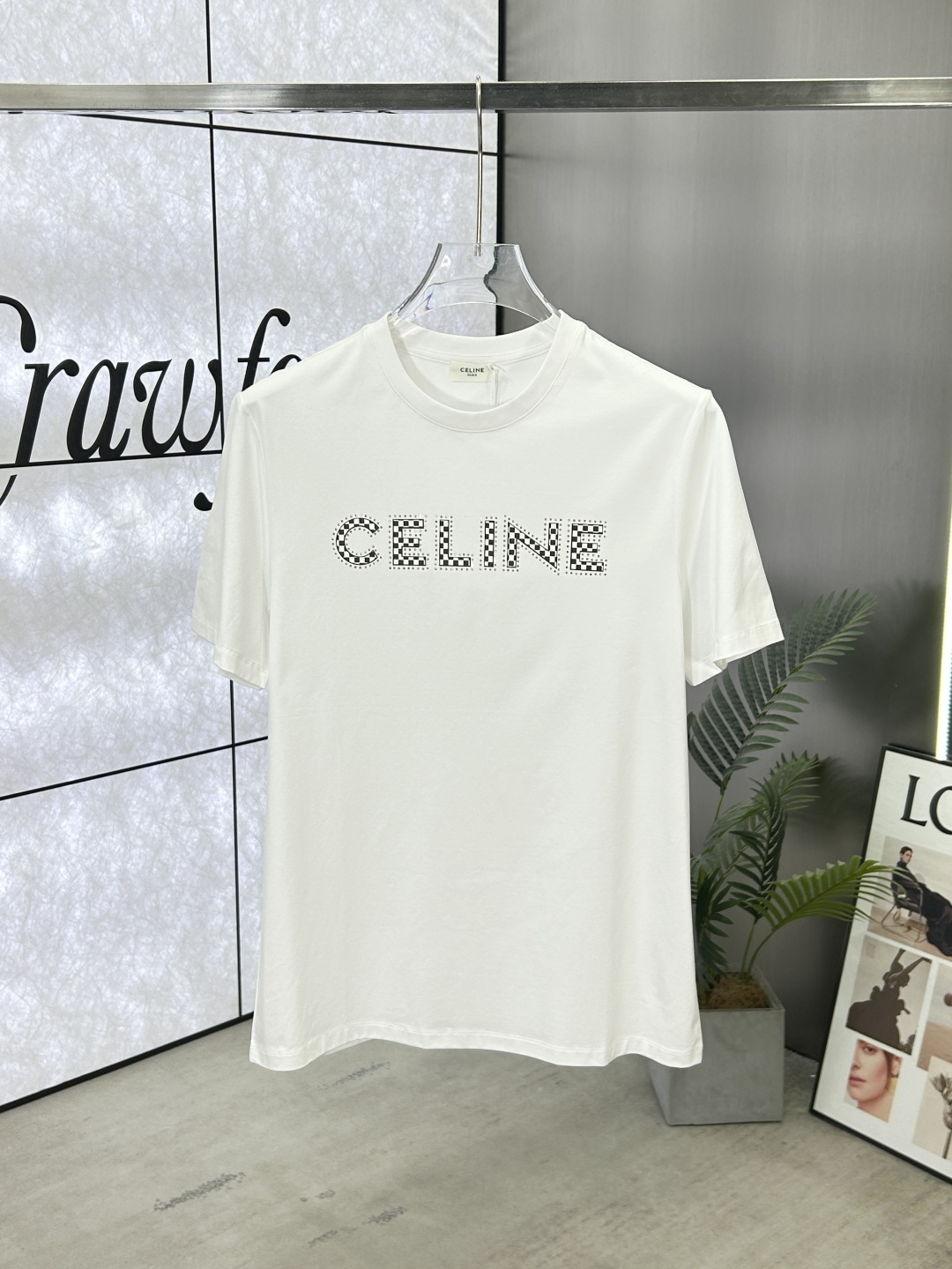 Celine Men's White Cotton Crew Neck T-Shirt with Logo Rhinestone Details