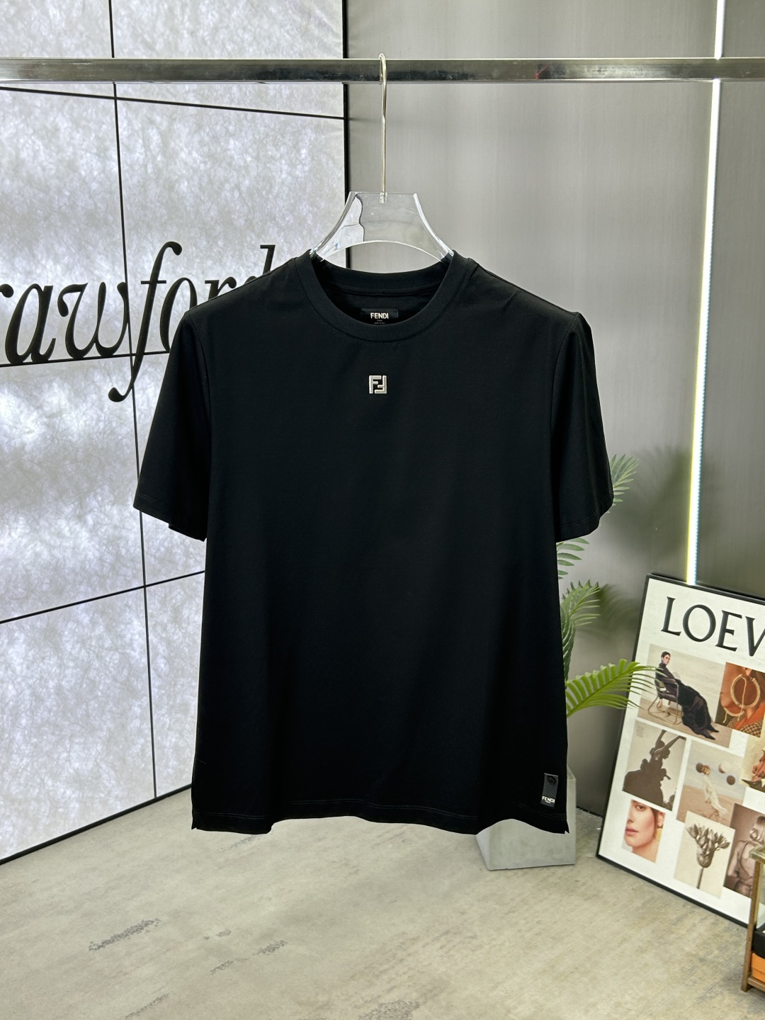 Fendi Black Crew Neck T-Shirt with Metal Logo Detail - Short Sleeve Tee