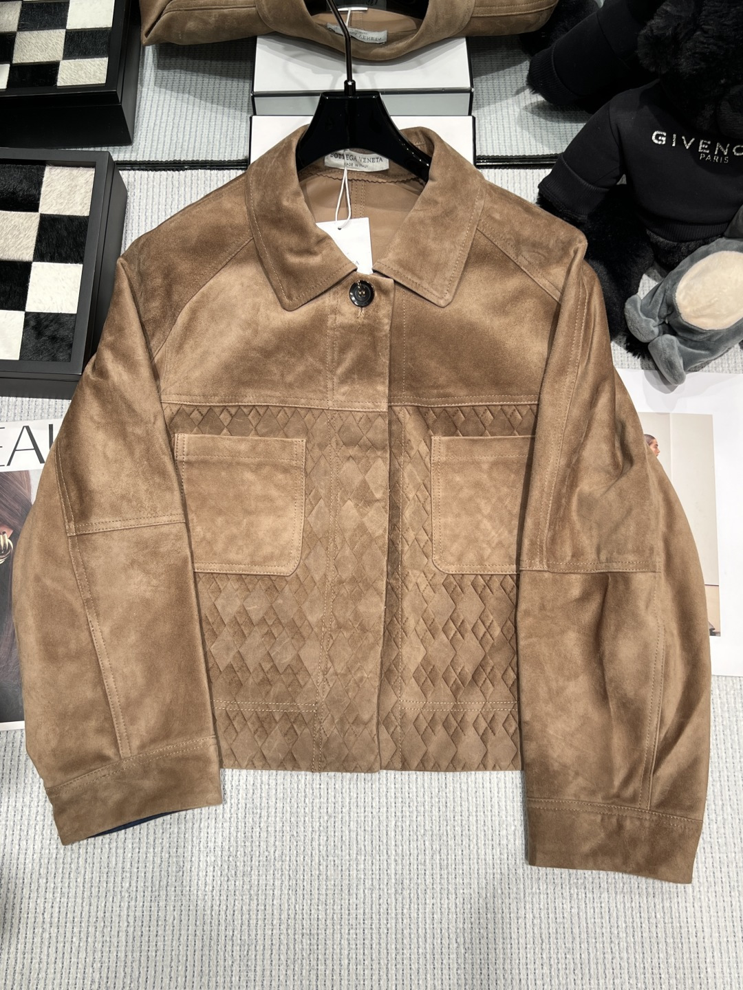 Bottega Veneta Tan Suede Argyle Jacket