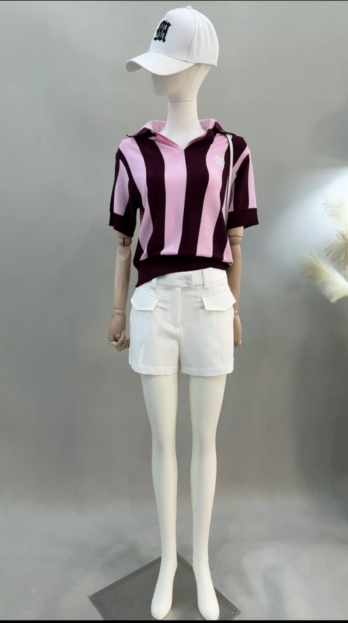 Striped Knit Short Sleeve Polo Shirt Designer Women's Fashion Apparel 1 Striped Knit Short Sleeve Polo Shirt Designer Women's Fashion Apparel