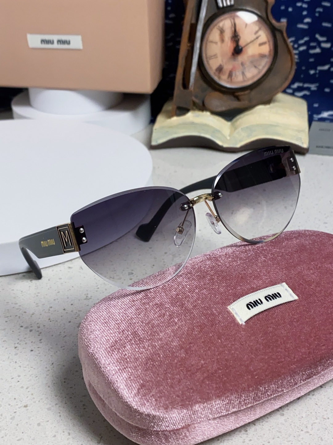 MiuMiu谬谬 2025新款无框墨镜女复古圆形修脸遮阳女士太阳镜网红街拍潮流开车眼镜
