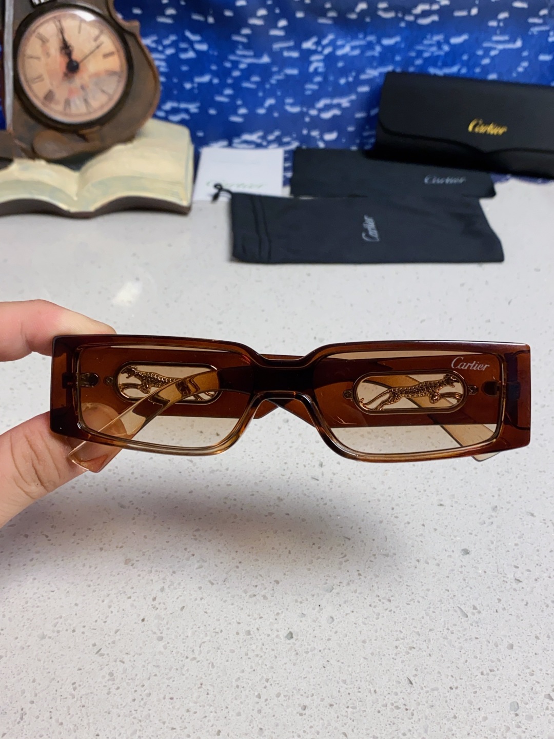 Cartier卡地亚 2025新款欧美小框太阳镜复古方型潮流豹子装饰连体墨镜跨境个性女士墨镜