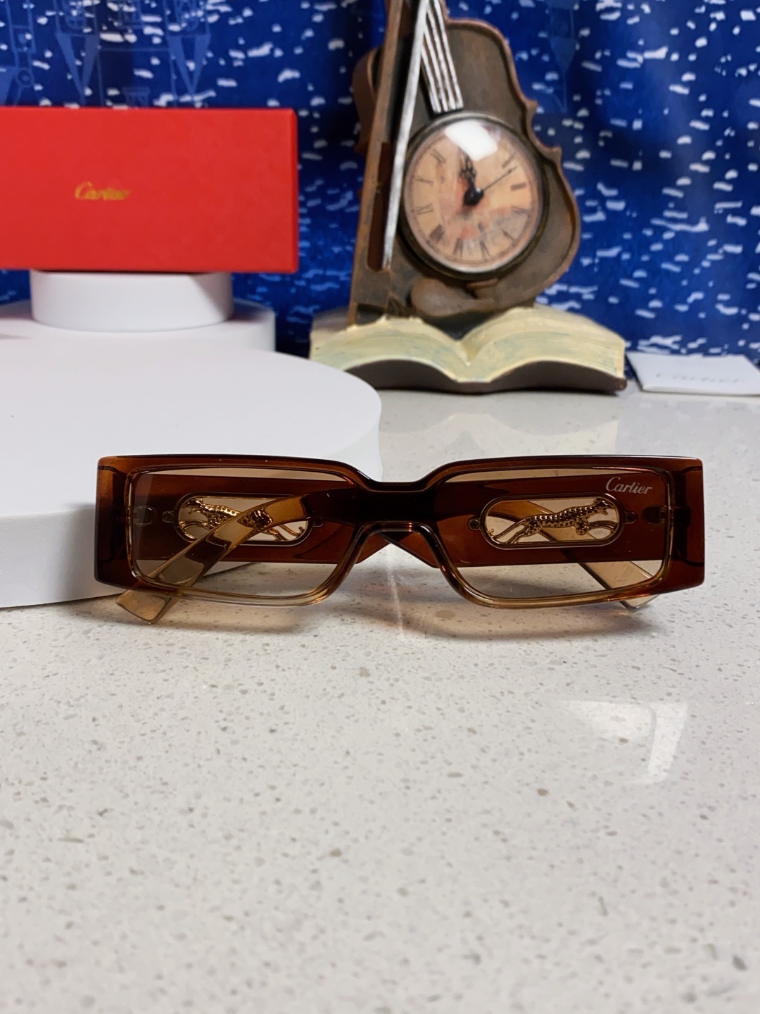 Cartier卡地亚 2025新款欧美小框太阳镜复古方型潮流豹子装饰连体墨镜跨境个性女士墨镜