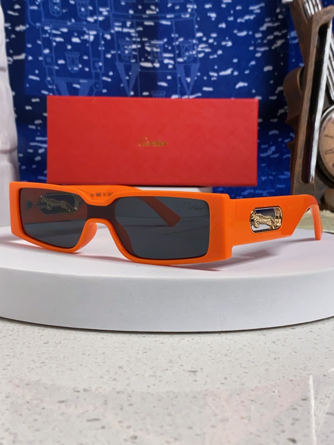 Cartier卡地亚 2025新款欧美小框太阳镜复古方型潮流豹子装饰连体墨镜跨境个性女士墨镜