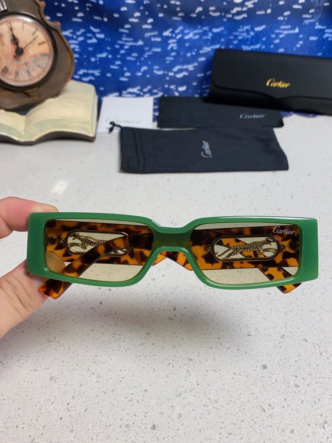 Cartier卡地亚 2025新款欧美小框太阳镜复古方型潮流豹子装饰连体墨镜跨境个性女士墨镜