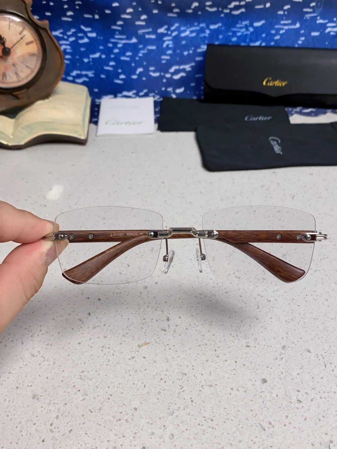 Cartier卡地亚 2025新款男士无框太阳镜方形欧美潮个性木腿墨镜嘻哈拽酷太阳镜遮阳潮流男女通用