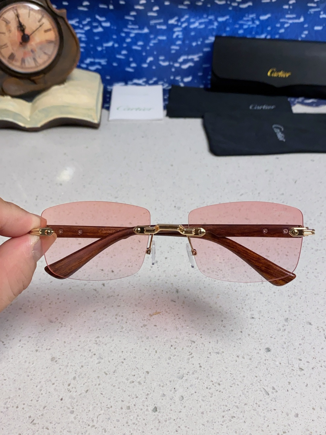Cartier卡地亚 2025新款男士无框太阳镜方形欧美潮个性木腿墨镜嘻哈拽酷太阳镜遮阳潮流男女通用