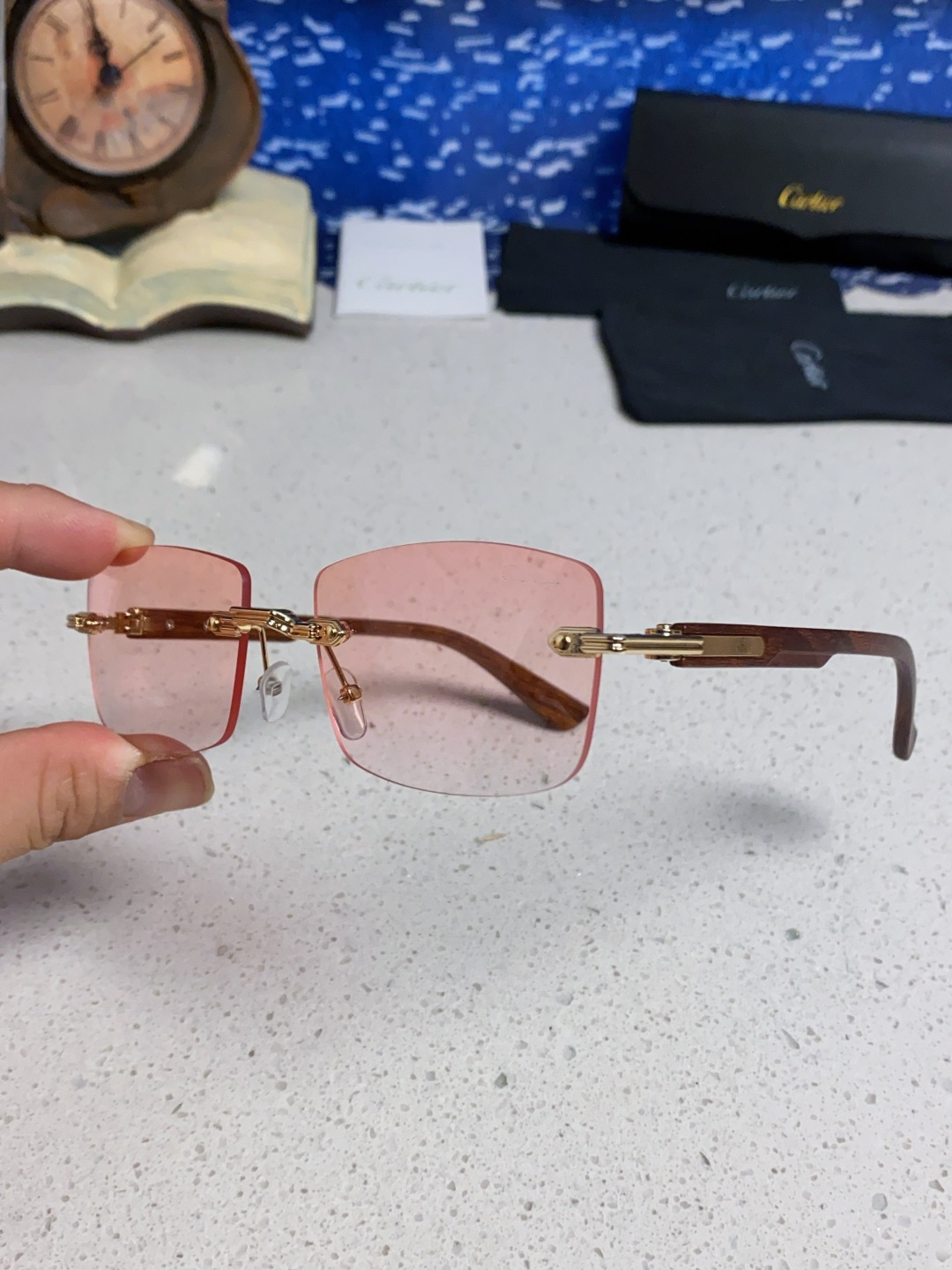Cartier卡地亚 2025新款男士无框太阳镜方形欧美潮个性木腿墨镜嘻哈拽酷太阳镜遮阳潮流男女通用