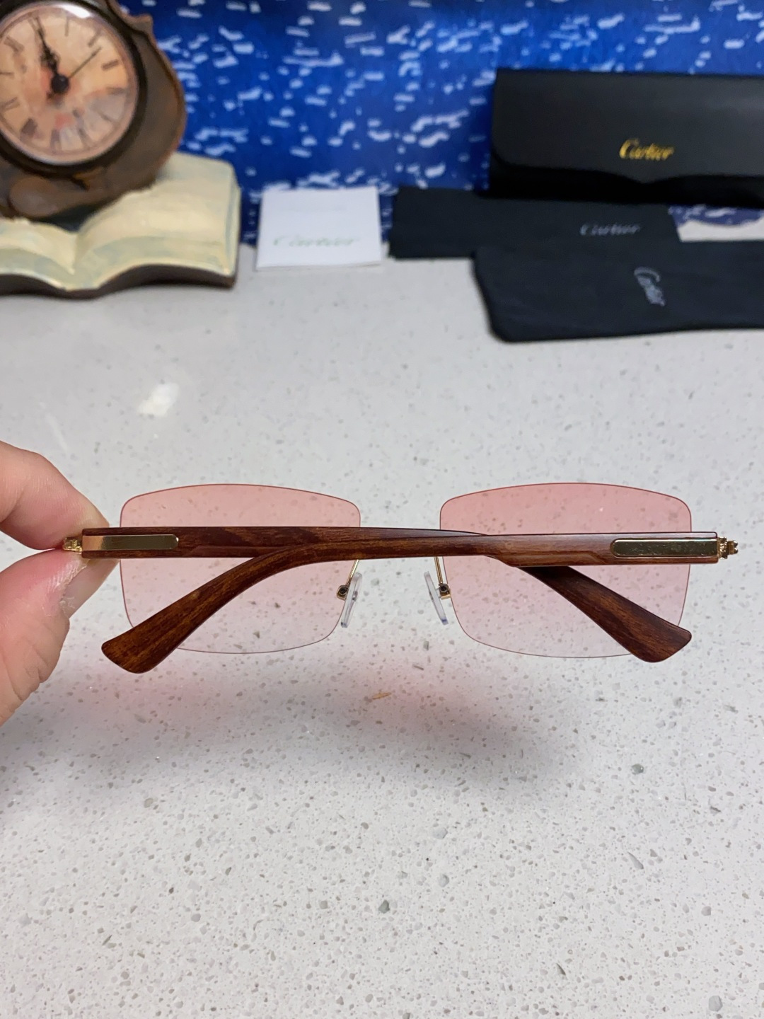 Cartier卡地亚 2025新款男士无框太阳镜方形欧美潮个性木腿墨镜嘻哈拽酷太阳镜遮阳潮流男女通用