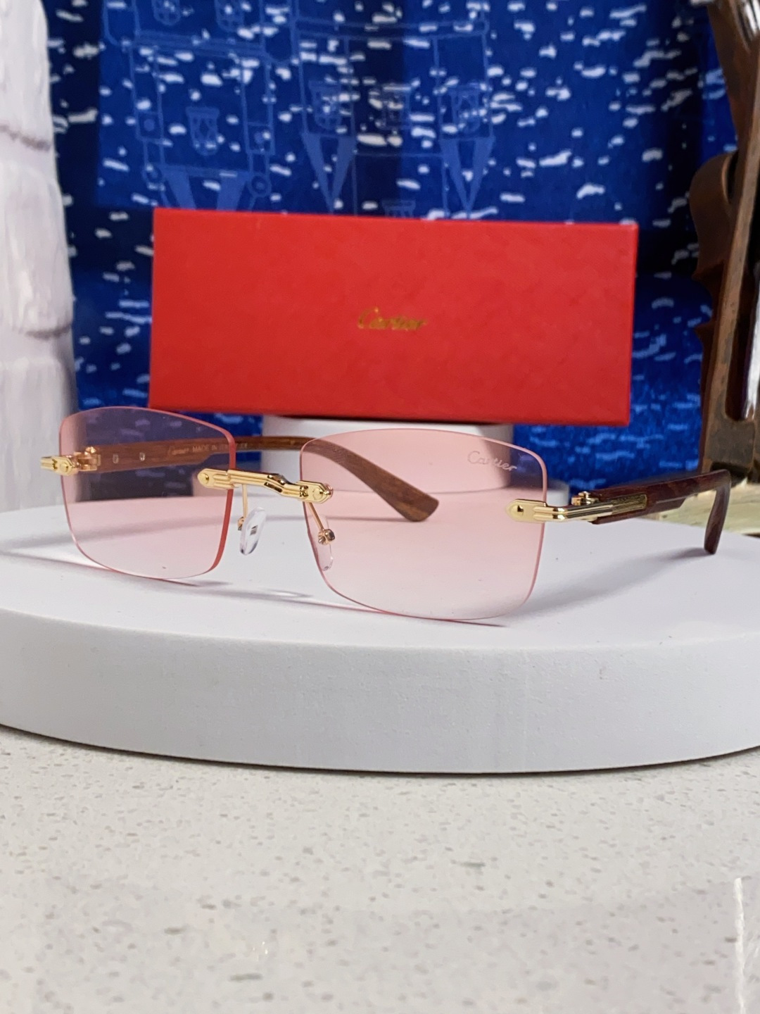 Cartier卡地亚 2025新款男士无框太阳镜方形欧美潮个性木腿墨镜嘻哈拽酷太阳镜遮阳潮流男女通用