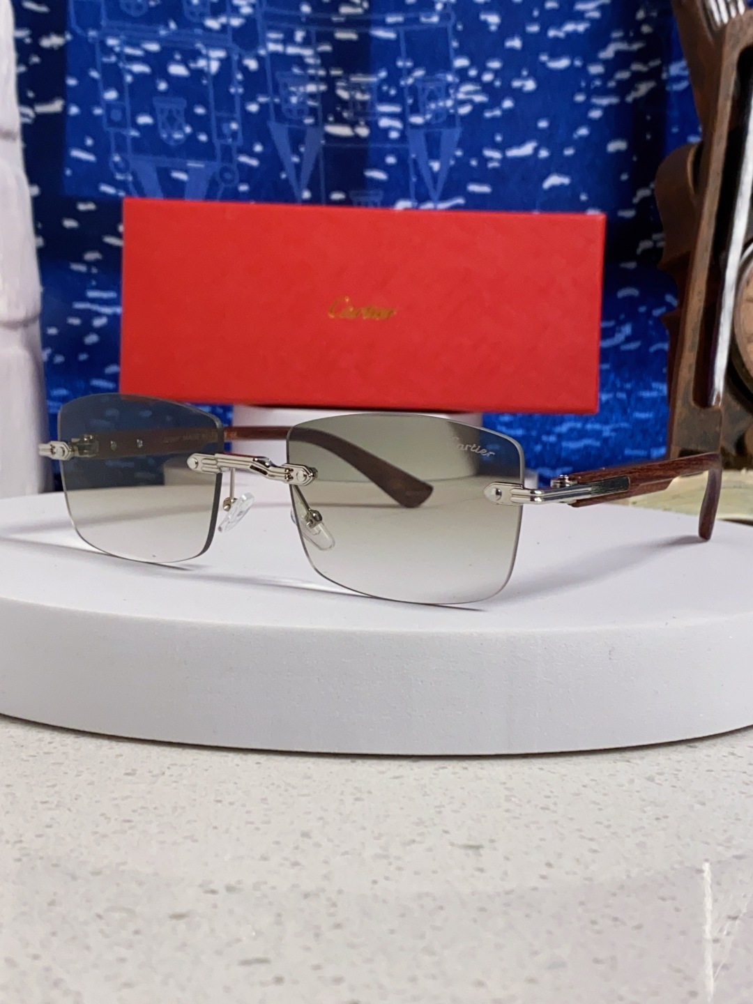 Cartier卡地亚 2025新款男士无框太阳镜方形欧美潮个性木腿墨镜嘻哈拽酷太阳镜遮阳潮流男女通用
