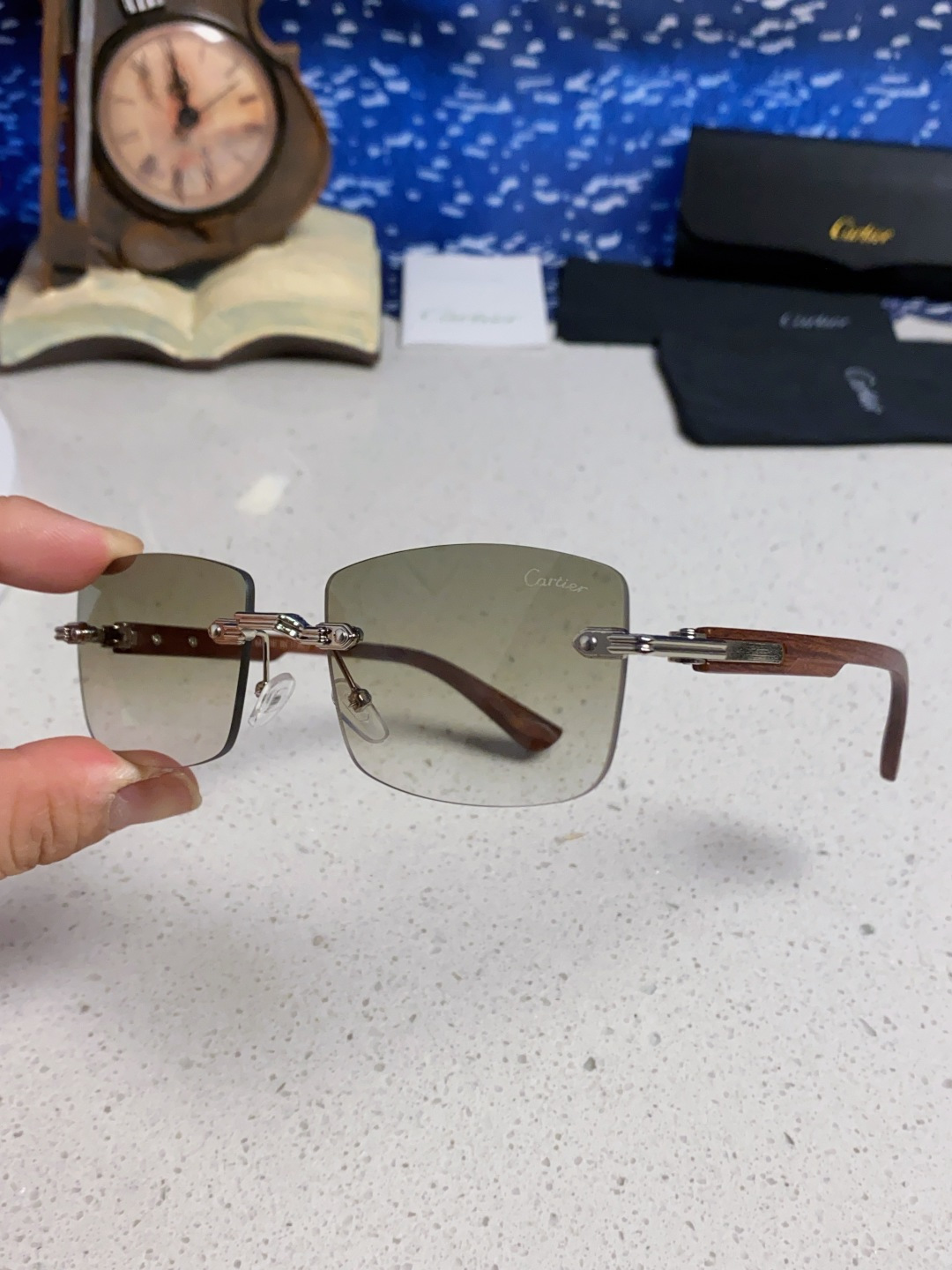 Cartier卡地亚 2025新款男士无框太阳镜方形欧美潮个性木腿墨镜嘻哈拽酷太阳镜遮阳潮流男女通用