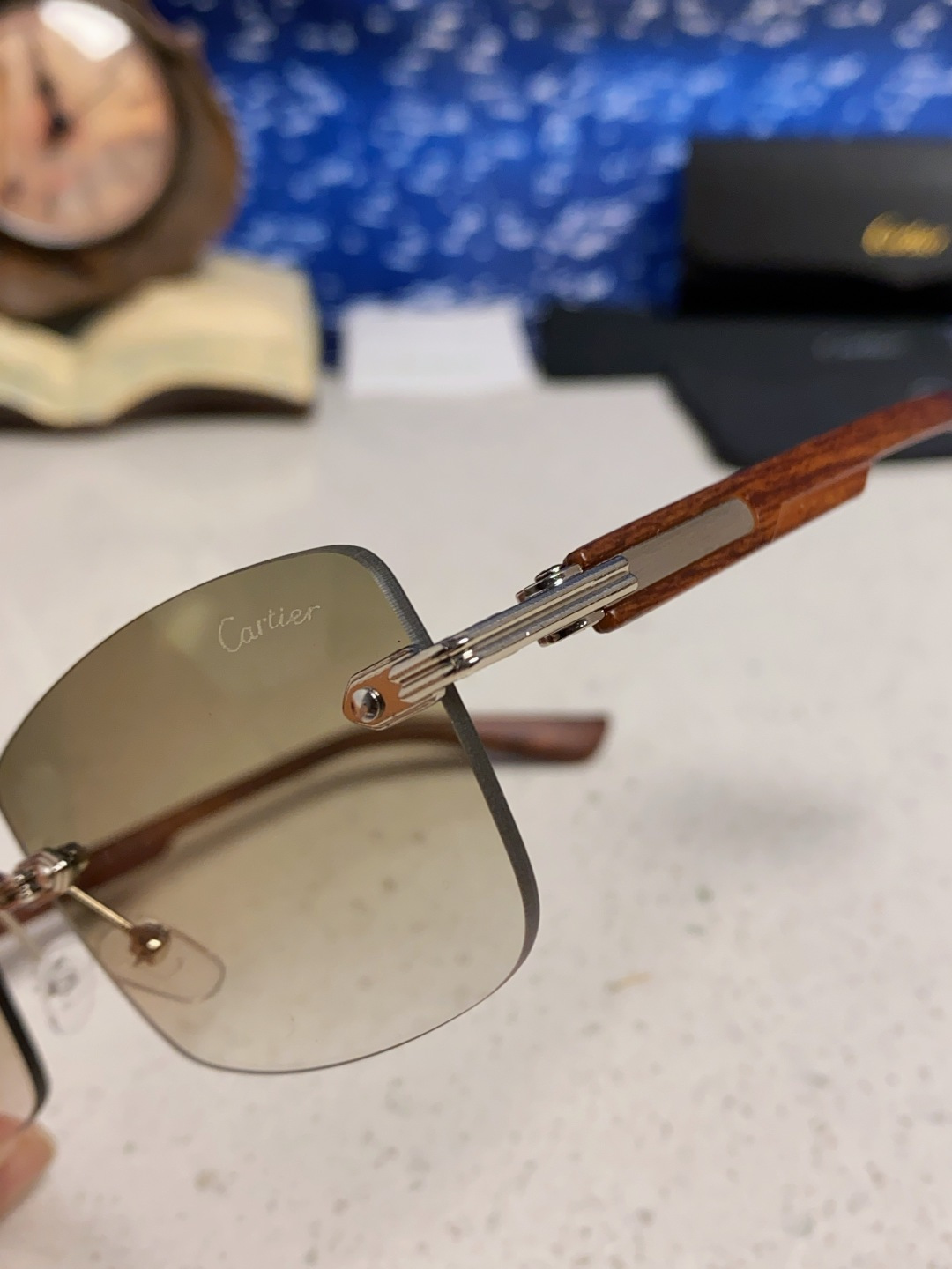 Cartier卡地亚 2025新款男士无框太阳镜方形欧美潮个性木腿墨镜嘻哈拽酷太阳镜遮阳潮流男女通用