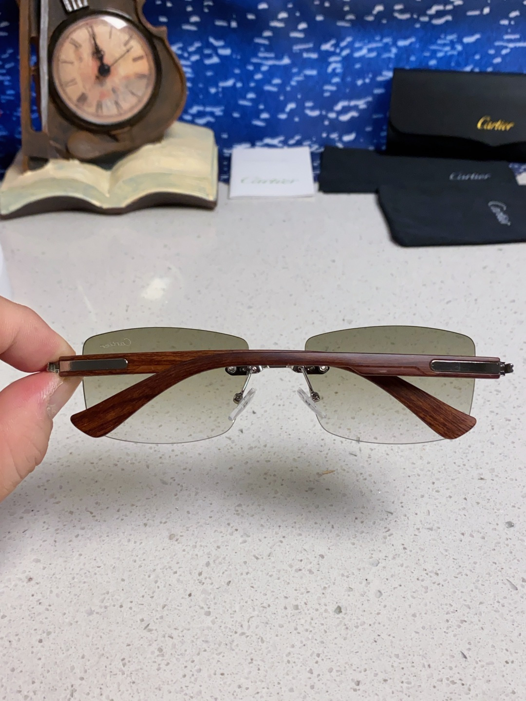 Cartier卡地亚 2025新款男士无框太阳镜方形欧美潮个性木腿墨镜嘻哈拽酷太阳镜遮阳潮流男女通用