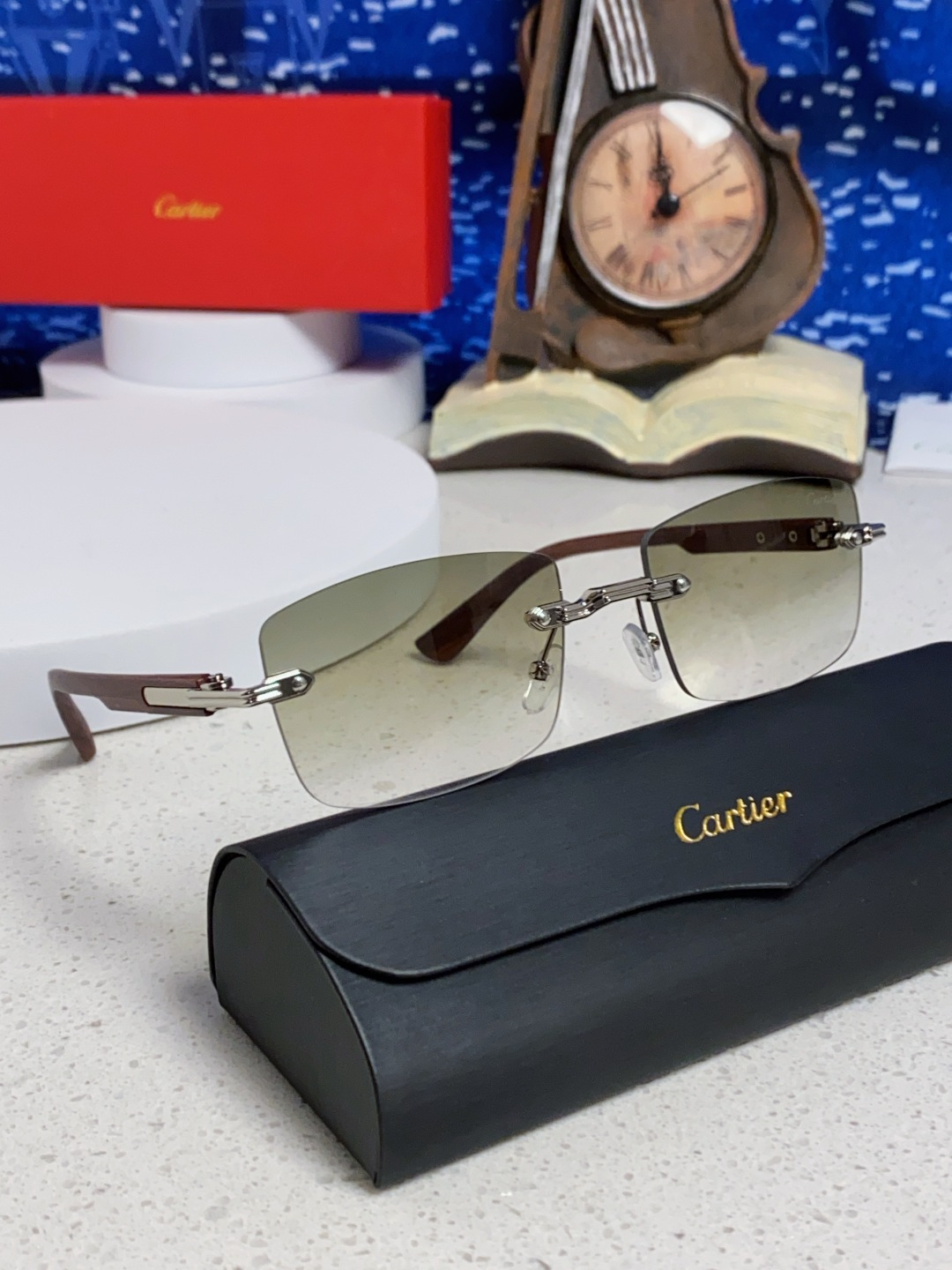 Cartier卡地亚 2025新款男士无框太阳镜方形欧美潮个性木腿墨镜嘻哈拽酷太阳镜遮阳潮流男女通用