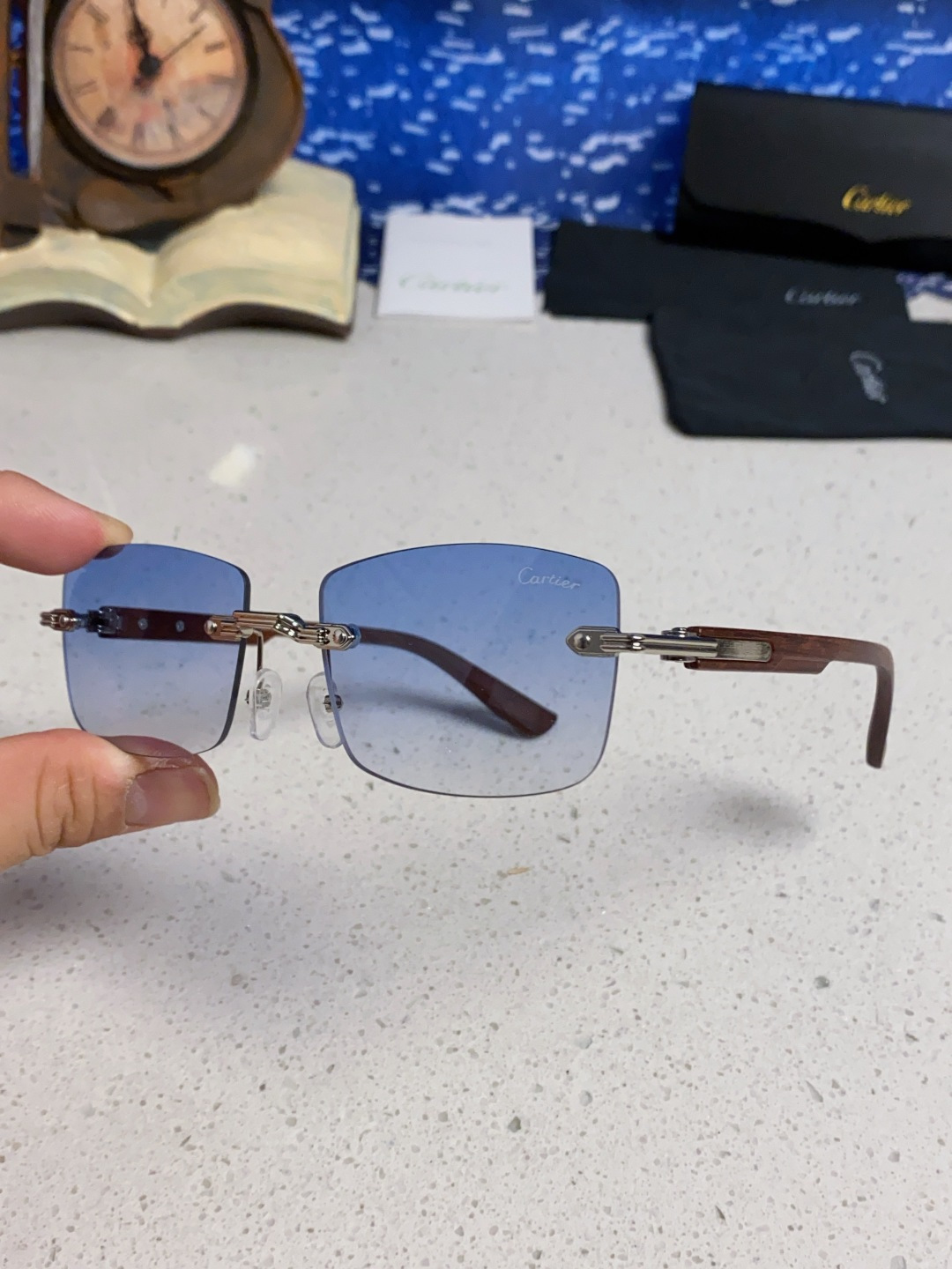 Cartier卡地亚 2025新款男士无框太阳镜方形欧美潮个性木腿墨镜嘻哈拽酷太阳镜遮阳潮流男女通用
