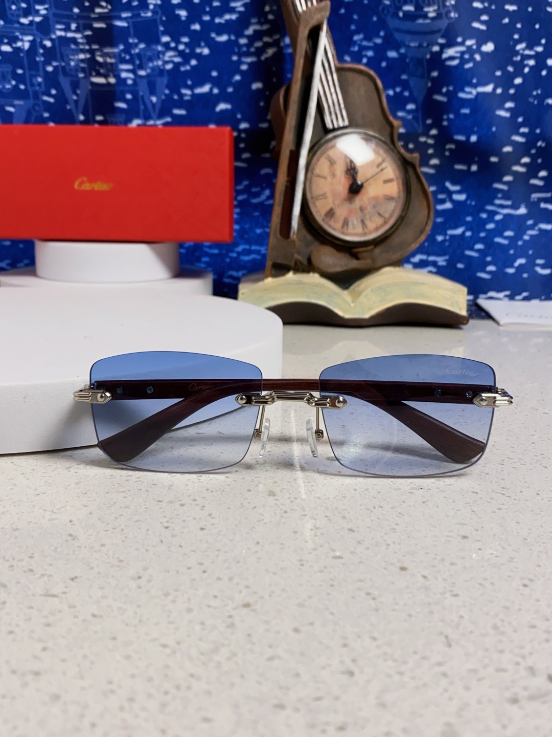Cartier卡地亚 2025新款男士无框太阳镜方形欧美潮个性木腿墨镜嘻哈拽酷太阳镜遮阳潮流男女通用