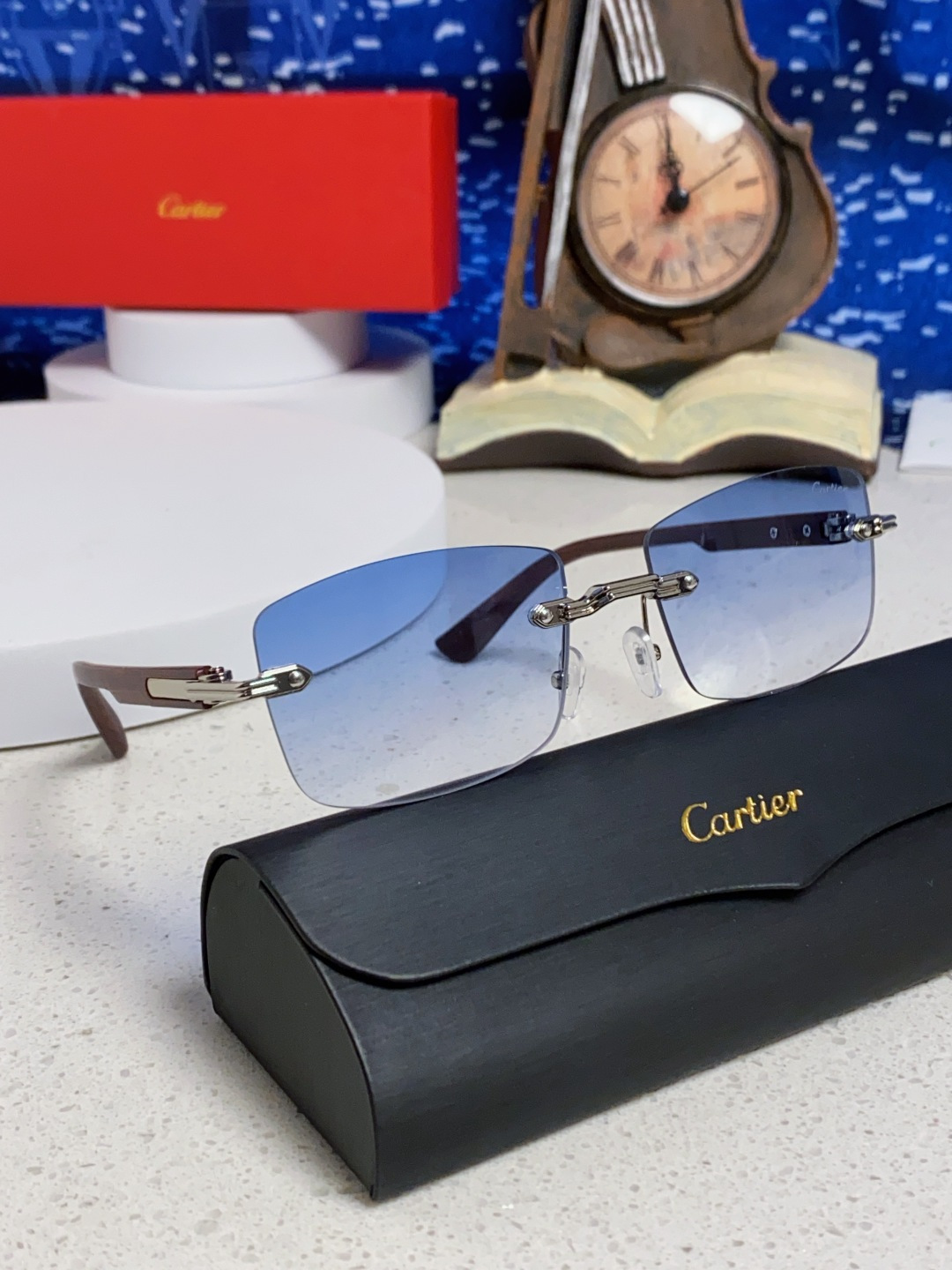 Cartier卡地亚 2025新款男士无框太阳镜方形欧美潮个性木腿墨镜嘻哈拽酷太阳镜遮阳潮流男女通用