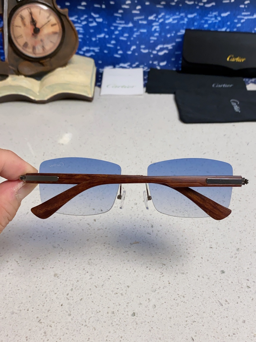 Cartier卡地亚 2025新款男士无框太阳镜方形欧美潮个性木腿墨镜嘻哈拽酷太阳镜遮阳潮流男女通用