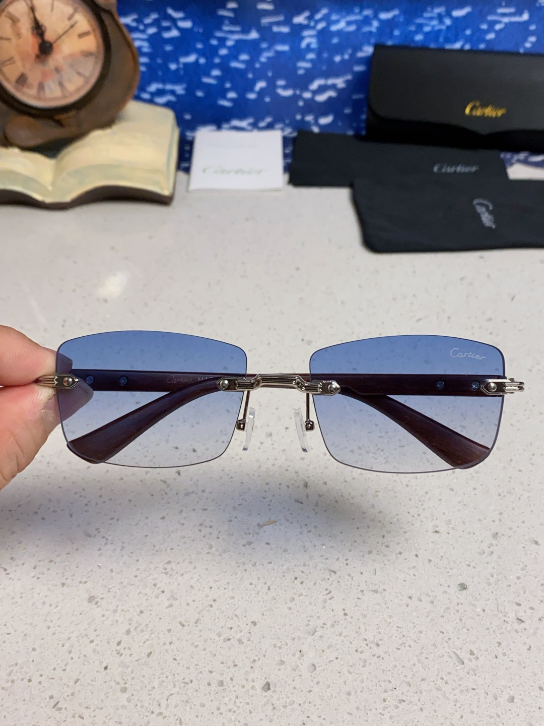 Cartier卡地亚 2025新款男士无框太阳镜方形欧美潮个性木腿墨镜嘻哈拽酷太阳镜遮阳潮流男女通用