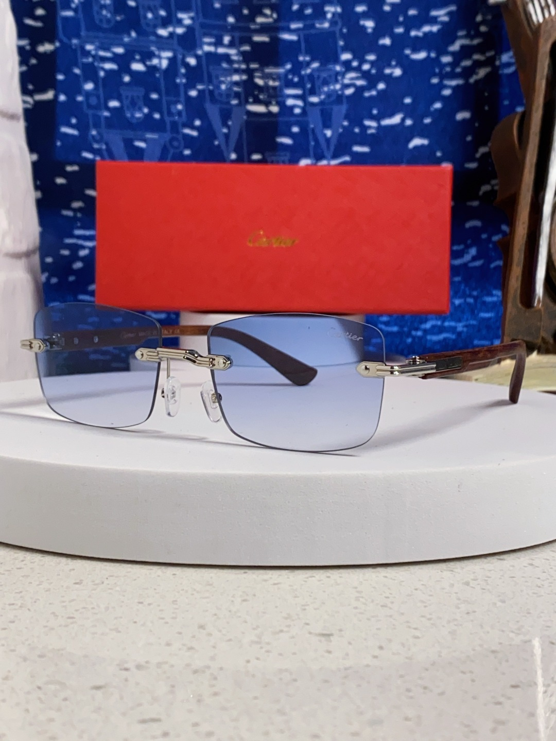 Cartier卡地亚 2025新款男士无框太阳镜方形欧美潮个性木腿墨镜嘻哈拽酷太阳镜遮阳潮流男女通用