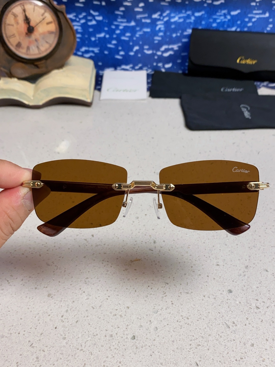 Cartier卡地亚 2025新款男士无框太阳镜方形欧美潮个性木腿墨镜嘻哈拽酷太阳镜遮阳潮流男女通用